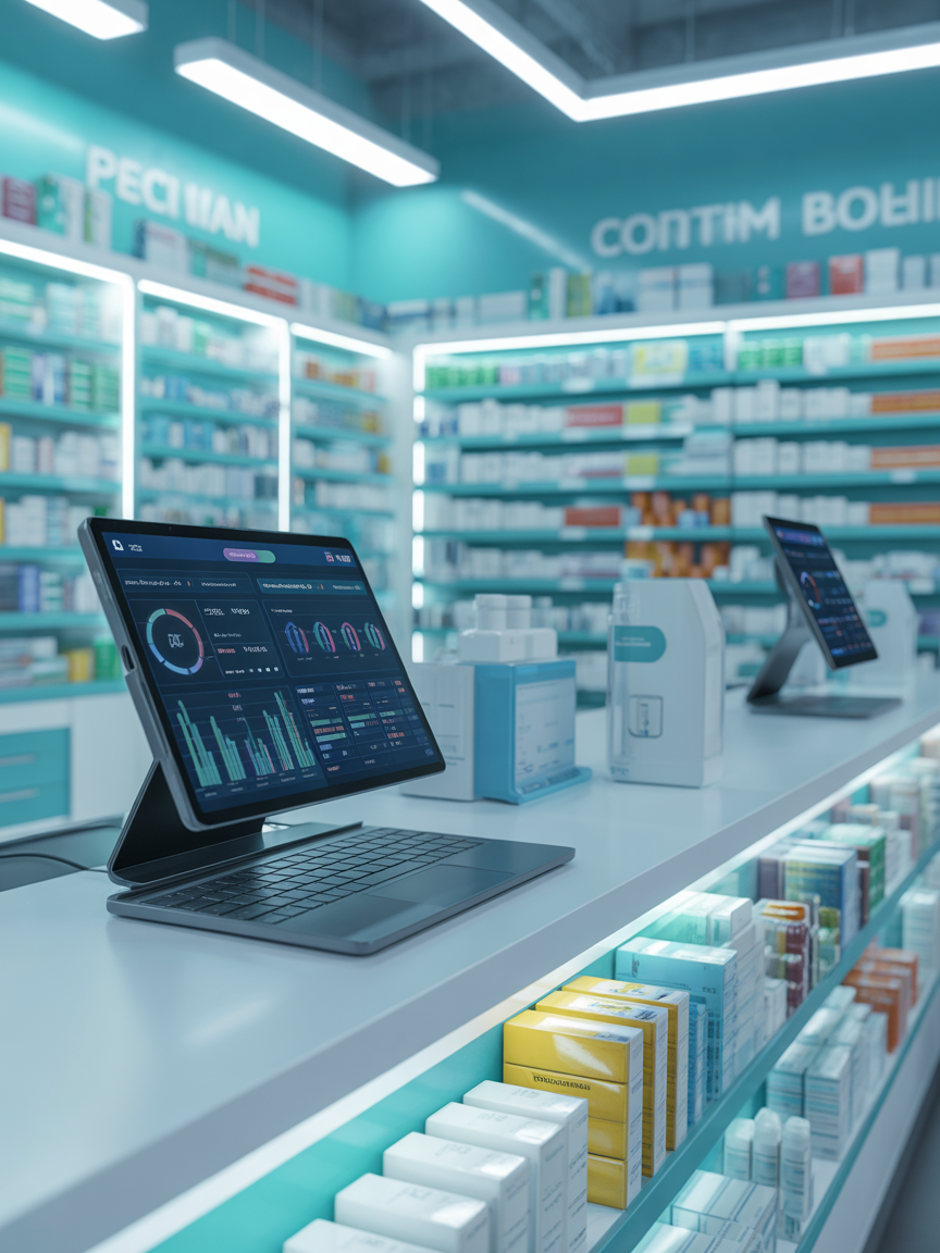 BeliPharm platform on a tablet inside a pharmacy