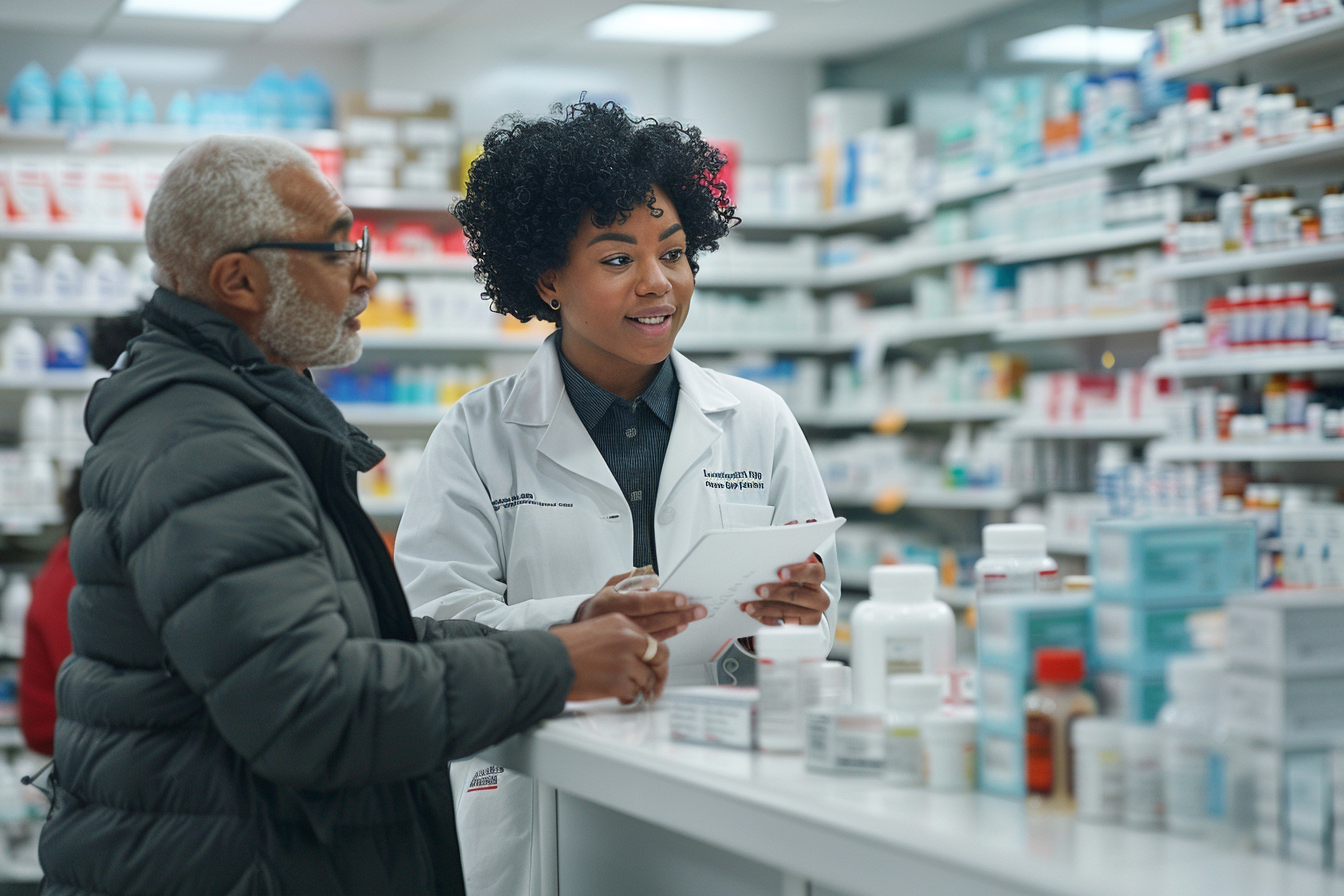 A pharmacist using a tablet in a well-lit pharmacy